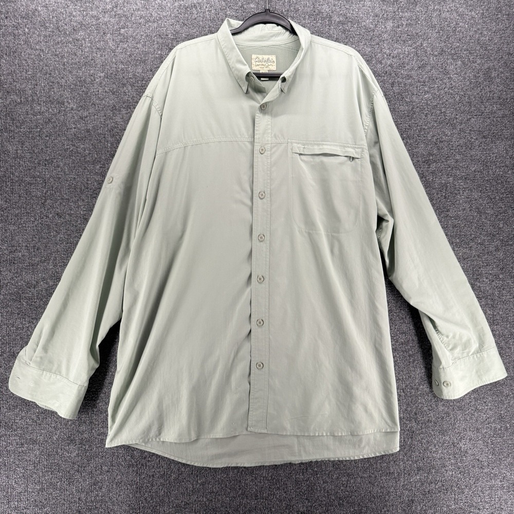 Cabelas Shirt Mens 2XL Green Button Up Long Sleeve Causal Outdoor Hiking Fishing